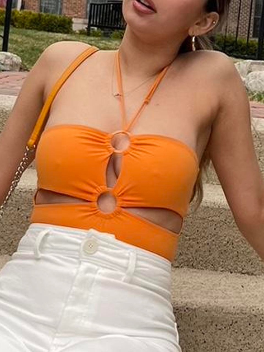 Zara Bodysuit with Orange Ring-Detail Cutouts Adjustable Neck Strap Top - Women